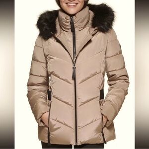 Calvin Klein Women's Tan TaupePuffer Jacket with Black Fur Trim